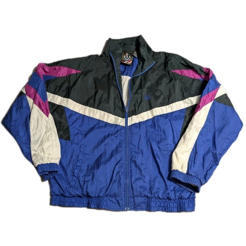 Vintage USA Olympics Windbreaker Jacket Mens L Colorblock Track Jacket 90s Nylon